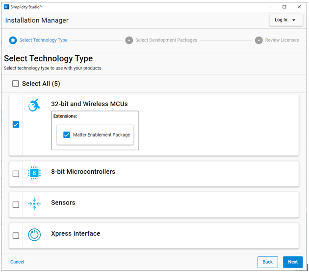 Select technology type dialog with GSDK selected