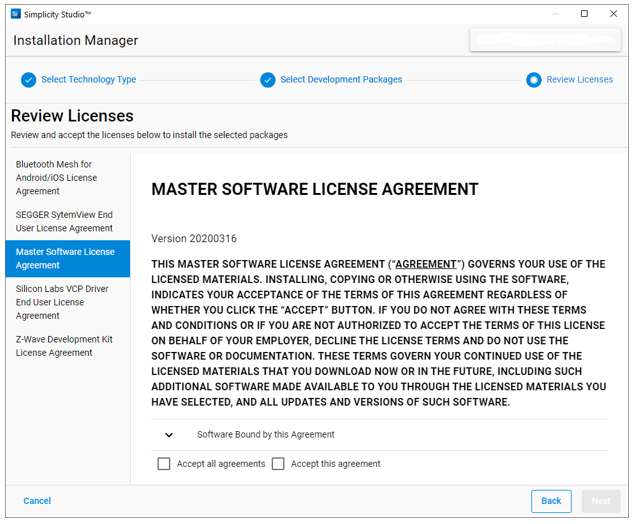 Review Licenses dialog showing the Master software license agreement