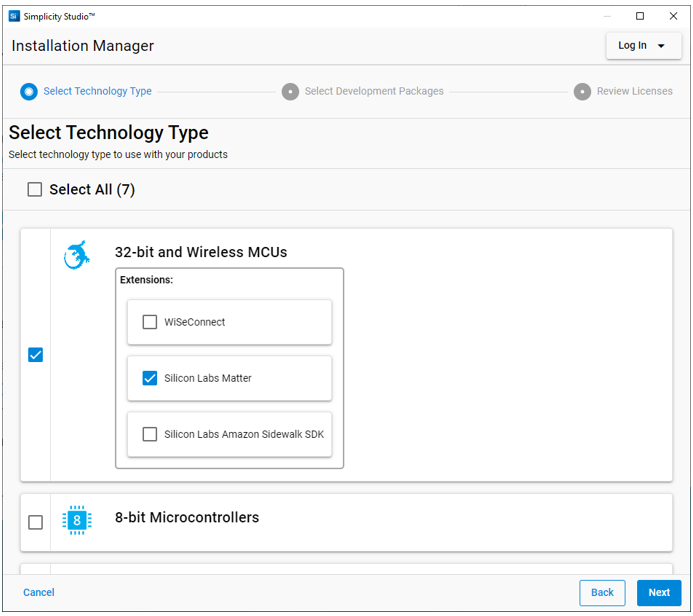 Select technology type dialog with GSDK selected