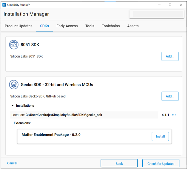 Package Manager SDK tab showing the Matter Enablement Package tile