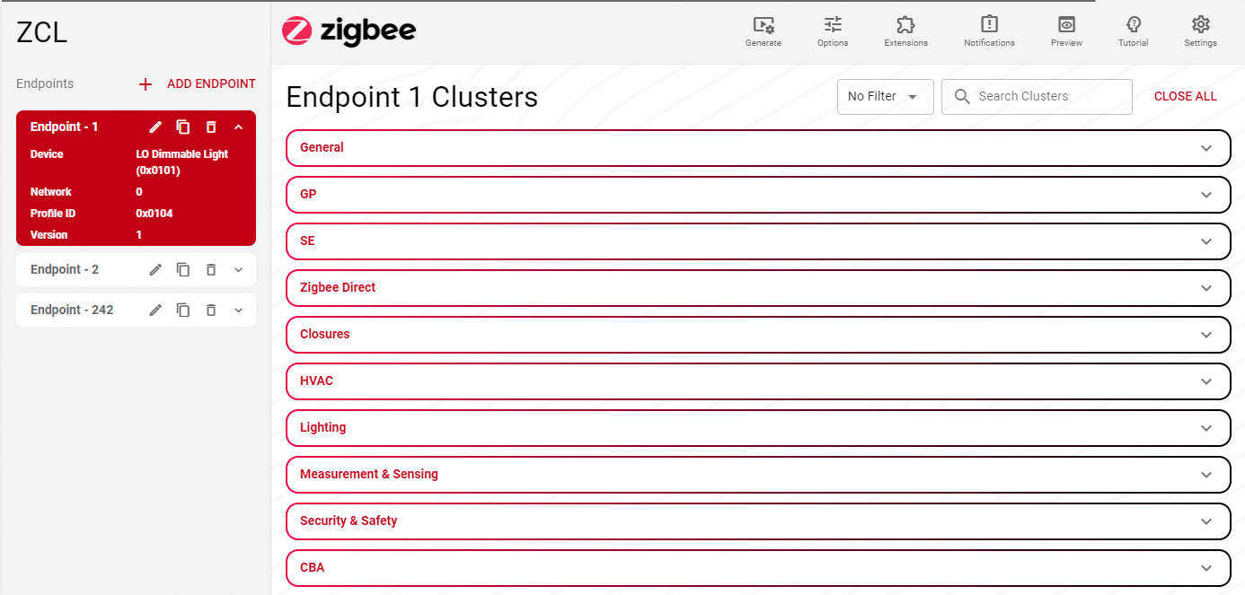 Zigbee Cluster Configurator with an endpoint selected