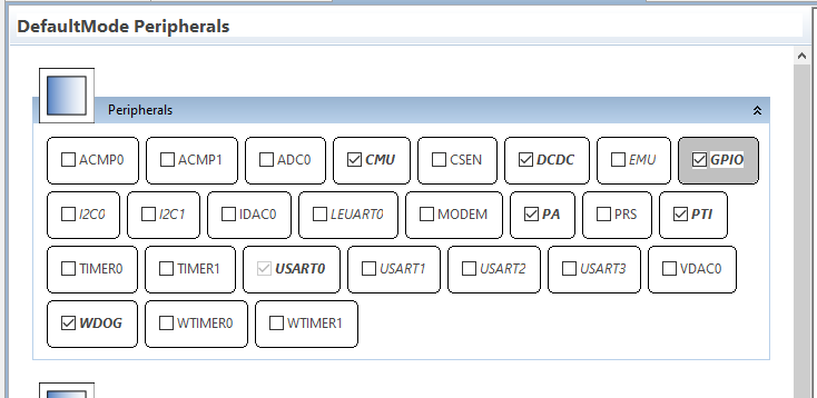 DefaultMode peripherals tab with GPIO enabled