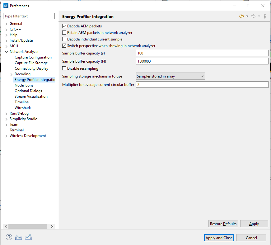 Energy Profiler Integration Preferences