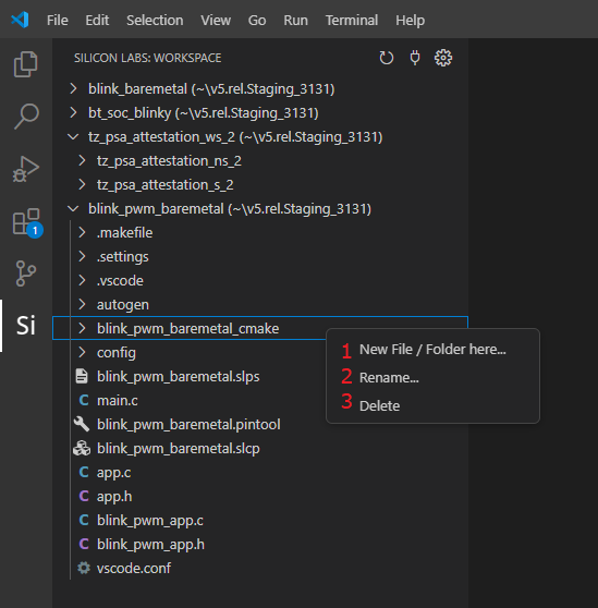 A context menu in a project with these three options in this order from top to bottom: New File Folder here, Rename, and Delete