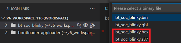 A file-specific context menu showing four files: bt_soc_blinky.bin, bt_soc_blinky.gbl, bt_soc_blinky.hex, and bt_soc_blinky.s37