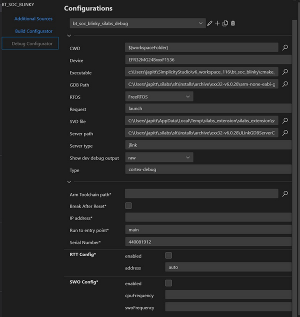A list of the debug configurator fields