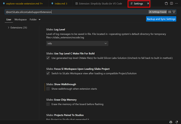 The Settings tab for the Simplicity Studio for VS Code extension. The User tab is open inside the Settings tab by default.