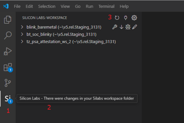 An example of a workspace showing a list of projects with these features numbered: 1 for the Si icon, 2 for the tooltip, and 3 for the Refresh icon