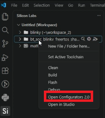 The project context menu in the Silicon Labs view showing New File or Folder here, Set Active Toolchain, Clean, Build, Flash, Debug, Open Configurators 2.0, and Open in Studio