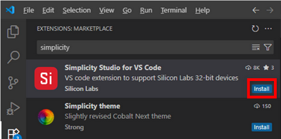 The Install button on the bottom right corner of the Simplicity Studio for VS Code extension panel