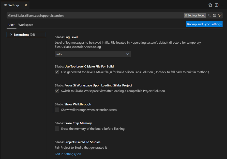 The Settings tab for the Simplicity Studio for VS Code extension. The User tab is open inside the Settings tab by default.