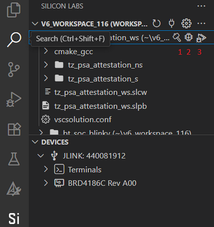 An example of a solution in a workspace showing the aciton icons at the right of the solution name in this order from left to right: Build, Flash, and Debug
