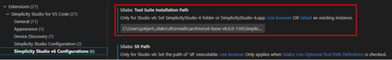 A path where Simplicity Studio is installed on a Windows machine in the Silabs Tool Suite Installation Path area on the right side of the Extensions tree on the User tab