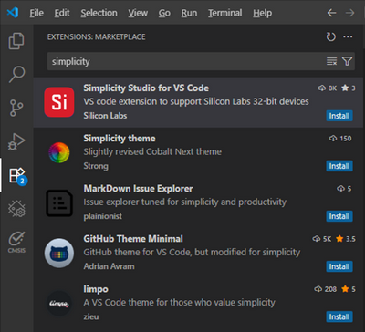 The Search field for the Extensions panel in VS Code with the simplicity keyword entered. The Simplicity Studio for VS Code extension displays in the results below the Search field