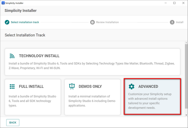 The Advance track tile in the Installation Wizard