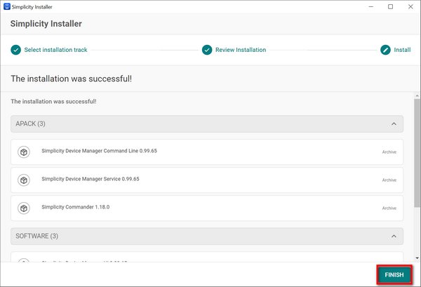 The Finish button on the bottom right corner of the Simplicity Installer page