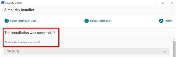 The installation was successful message on the Simplicity Installer page
