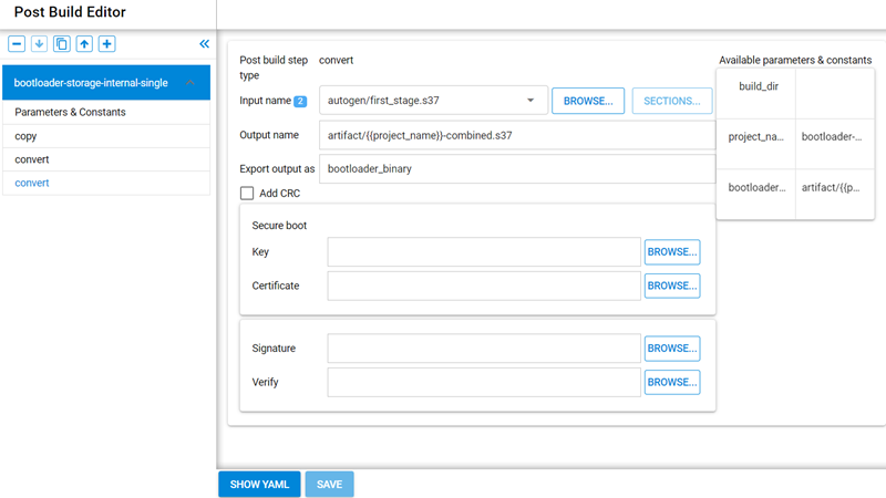 post build editor Series 1 Combined Bootloader