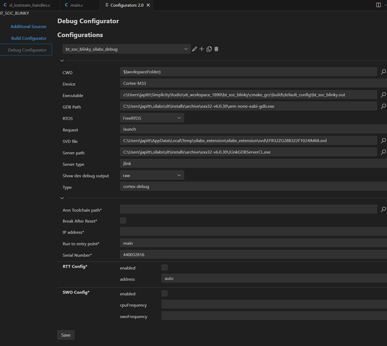 Optional RTT and SWO settings in Debug Configurator