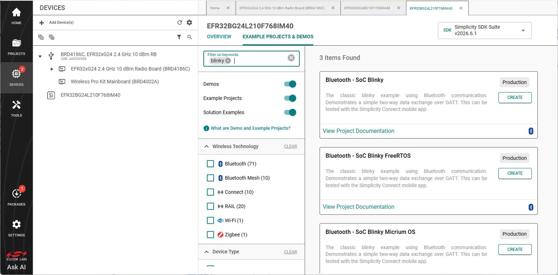 Selecting an example project for a custom board workflow