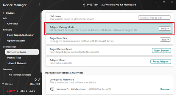 Changing debug mode in the General Information panel