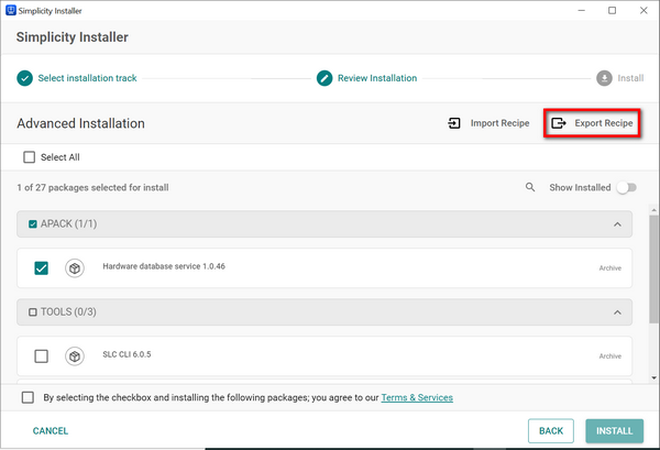 Export Recipe option on the Advanced installation track page