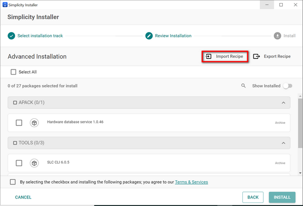 Import Recipe option on the Advanced installation track page