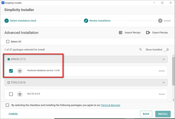 Packages selected for exporting a recipe file on the Advanced installation track page
