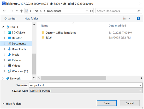 Save window used for exporting a recipe