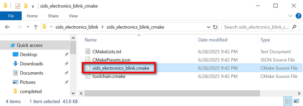 The sids_electronics_blink.cmake file selected in File Explorer that will be opened in the Visual Studio Code IDE