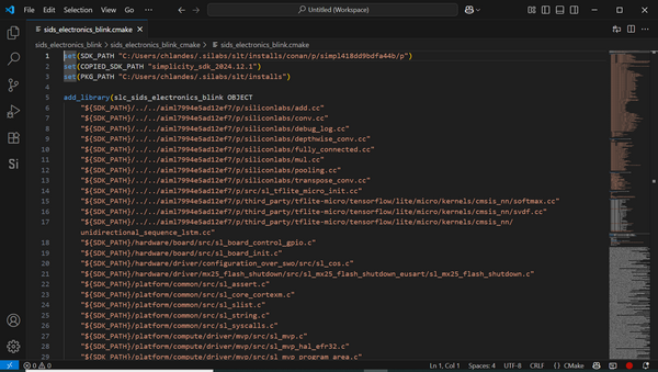 The sids_electronics_blink.cmake opened from File Explorer in the Visual Studio Code IDE