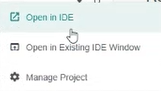 The first three project context menu options: Open in IDE, Open in Existing IDE Window, and Manage Project