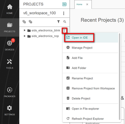 The Open in IDE option in the context menu for your project
