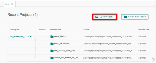 The Open Projects button on the upper right corner of the Projects page