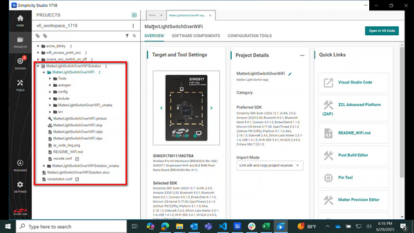 The MatterLightSwitchOverWiFiSolution project added to the left panel on the Projects page. The Project Configurator is open on the right side of the screen and shows the project.