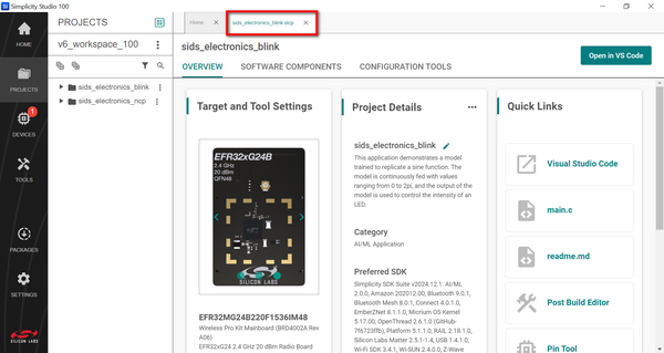 The Project Configurator displayed for the sids_electronics_blink.sicp project