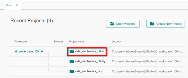 The sids_electronics_blink project selected in v6_workspace_100 workspace in the Recent Projects area of the Projects page