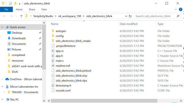 The root folder for the sids_electronics_blink project open in File Explorer