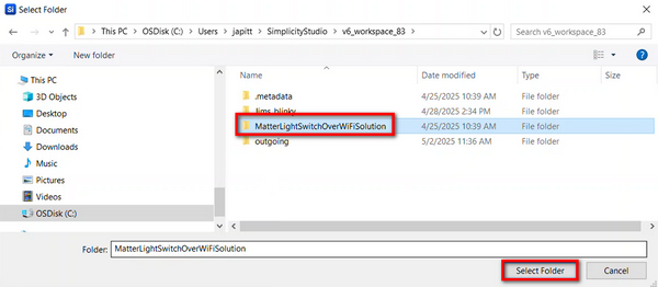 The MatterLightSwitchOverWiFiSolution project folder selected in File Explorer. Click the Select Folder button to open it in your active workspace in Simplicity Studio.