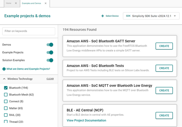 Examples of sample projects and demos available for the Bluetooth Mesh technology in the SDK Explorer