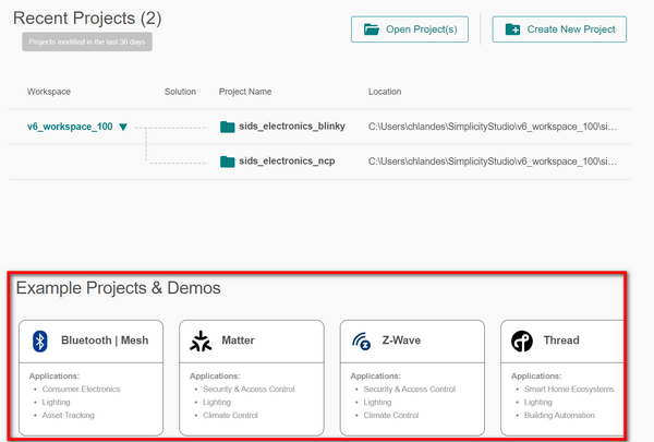 The Example Projects and Demos area on the Projects page
