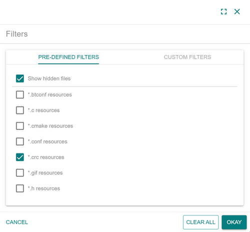 The filtering options with checkboxes at the left of each filter name in the Pre-Defined Filters tab of the Filter window. The Show hidden files and .crc resources options are selected.