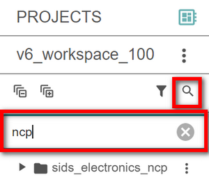 The Search icon, a magnifying glass, at the top right of the left panel on the Projects page. A Search field displays below the Search icon, where the ncp keyword has been entered.