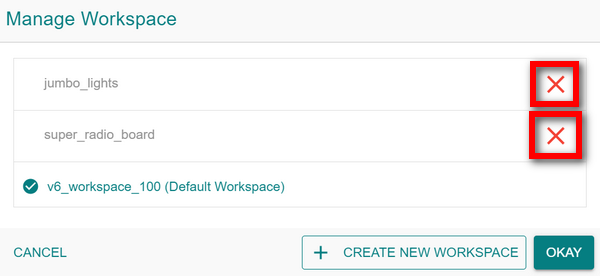 The jumbo_lights workspace selected in the Manage Workspace window