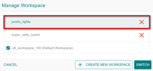 The jumbo_lights workspace selected in the Manage Workspace window