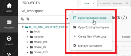 The workspace menu for the v6_workspace_100 workspace on the left panel on the Projects page. The menu options are Open Workspace in IDE, Open Existing Workspace, Create New Workspace, and Manage Workspace
