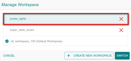 The jumbo_lights workspace selected in the Manage Workspace window