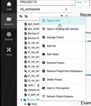 Projects page context menu with Open in IDE