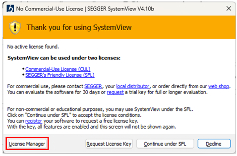 SystemView license warning with the License Manager option highlighted