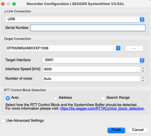 SystemView Recorder Configuration settings for a J-Link connection